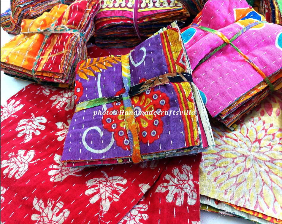 50pcs Kantha Fabric SNIPPET Pack-Kantha Scrap fabric-Scrap Junk Journal-Vintage