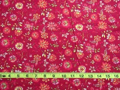 1 yd 100% Cotton Fabric Dark Rosy Red with Flowers in Red Yellow Pink Peach
