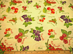 Cotton Fabric By Yard SALE Purple Red Orange Berries & Names on Lt Yellow #PC