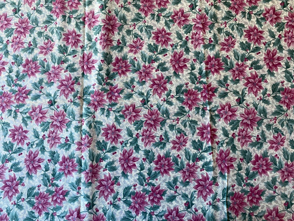 CRANSTON FABRIC~Pink Poinsettias~CREAM BKGRND~Green Leaves~SILVER ACCENT~Holly~