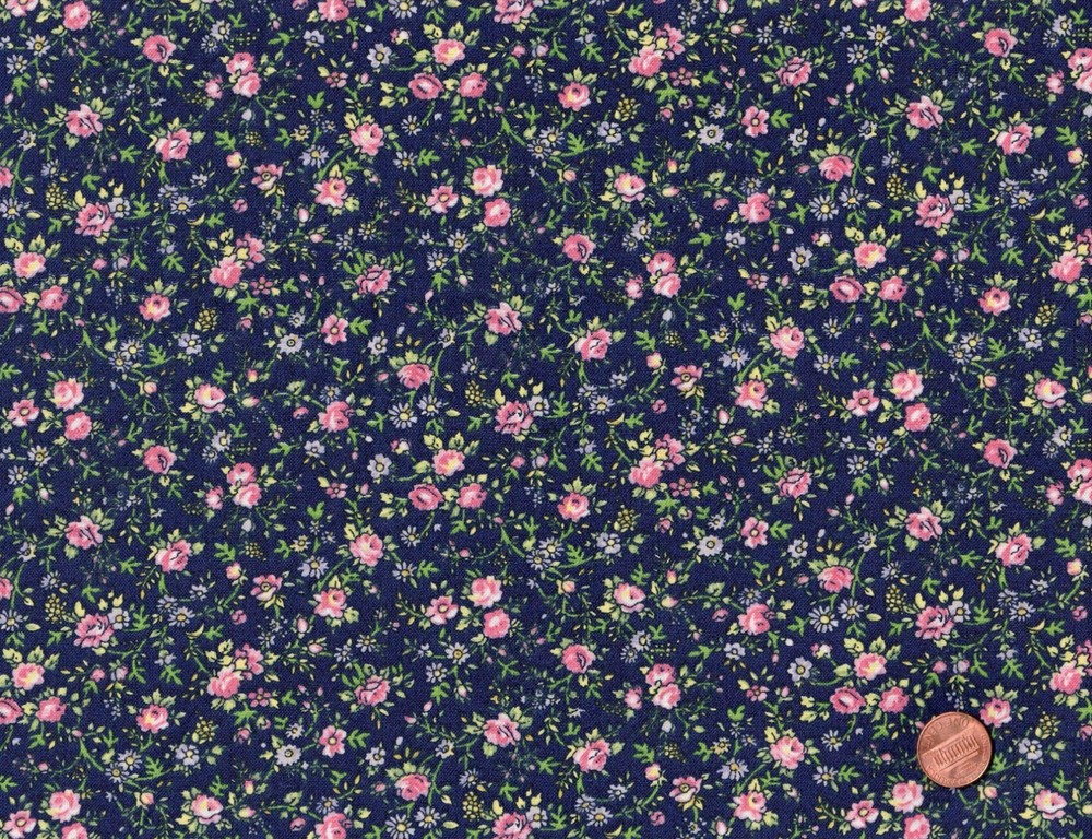 Navy Blue, Pink COUNTRY FLORAL: 100% Quilting Cotton Fabric, By the Yard