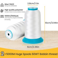 New brothread Set of 2 White Bobbin Thread/Bottom Thread 60WT Large, 2XWHITE