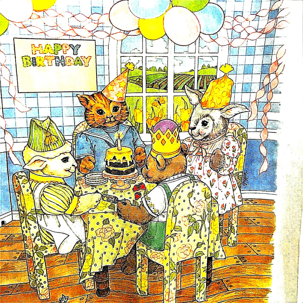 Easter Spring Birthday Party Rabbit Cat Creative Circle Print Panel Fabric 1981