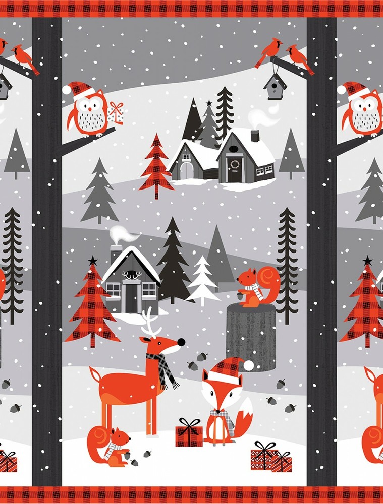 Noel Forest Fox Owl Cardinal Deer Christmas by Kanvas Fabric Panel 23″ #8985