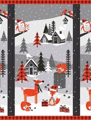 Noel Forest Fox Owl Cardinal Deer Christmas by Kanvas Fabric Panel 23″ #8985
