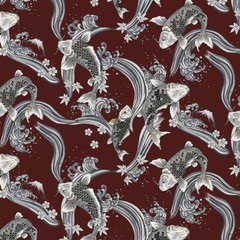 Japanese-Cosmo Stylized Koi, Mt. Fuji & Grt Wave – SP3700-2C-Maroon-By Half Yard