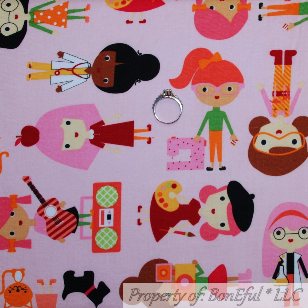 BonEful FABRIC FQ Cotton Quilt Pink Cartoon Girl Dress Guitar Music Teacher Dog