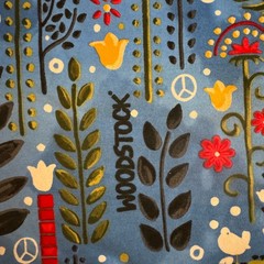 Woodstock Music Festival Knit Fabric Blue Red Cotton/Spandex 58″ wide BTY #BT