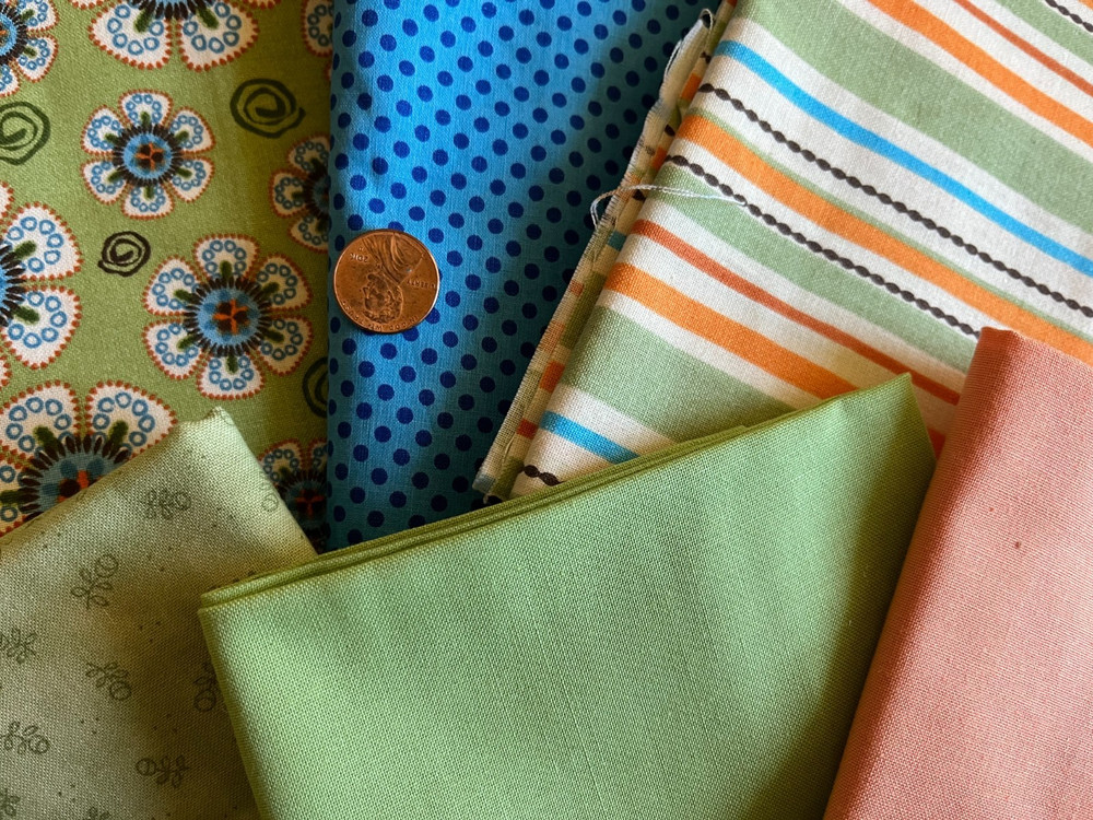 6 Pc Green Blue Orange Ivory Cotton Quilting Coordinates 2.5 Yds+ 1.7 Pds Clean