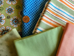 6 Pc Green Blue Orange Ivory Cotton Quilting Coordinates 2.5 Yds+ 1.7 Pds Clean