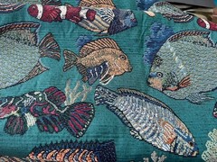 Upholstery Jaquard Tapestry Fabric Ocean Fish Green Red Yellow White 3+ yds