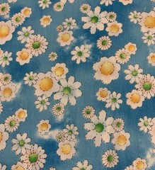 Daisy Floral Fabric By RED Original Designs White Yellow On Distressed Blue BTHY