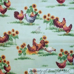 BonEful Fabric Cotton Quilt Green Grass Red Rooster Yellow Sun Flower SALE SCRAP