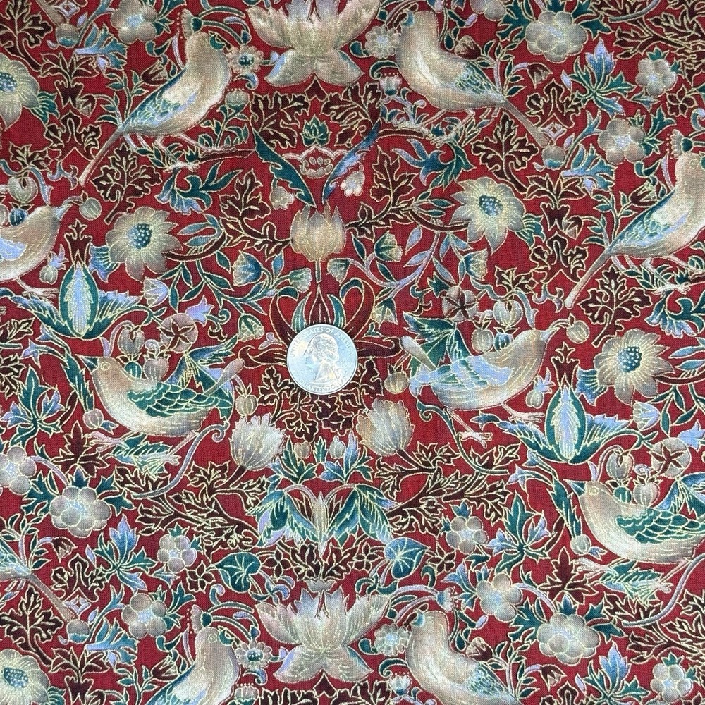 Hoffman California Camelot Fabric Birds Flowers Gold Accents Red Green 2 Yd x 44