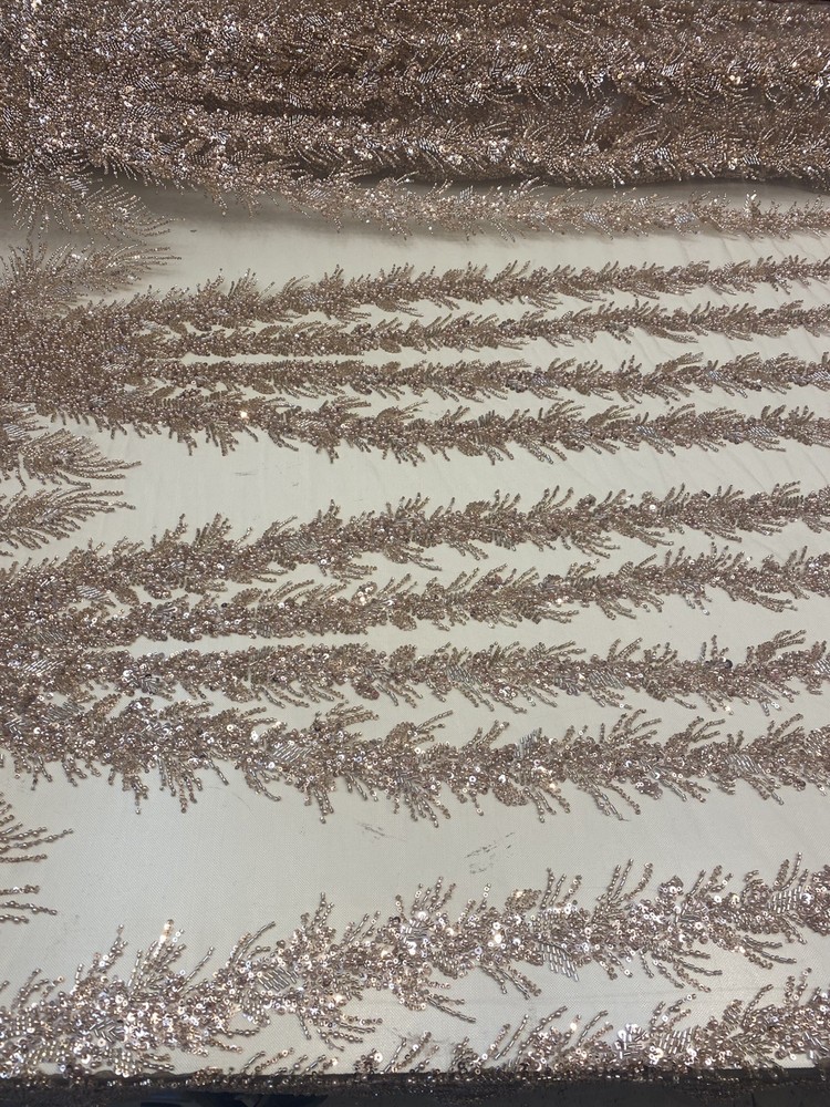 Rose Celestial Fern Beaded Lace Fabric – Crystal Embroidered Tulle Prom Fabric