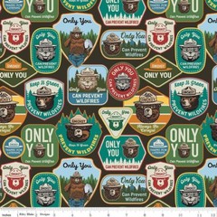Smokey the Bear Badges on Bark brown BT Yard x 44 wide cotton Riley Blake
