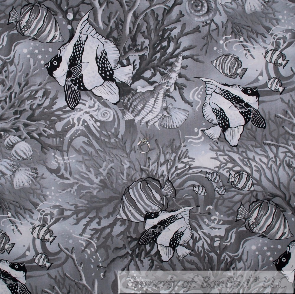 BonEful Fabric FQ Cotton Quilt Black White B&W Gray Fish Stripe Dot Seashell USA