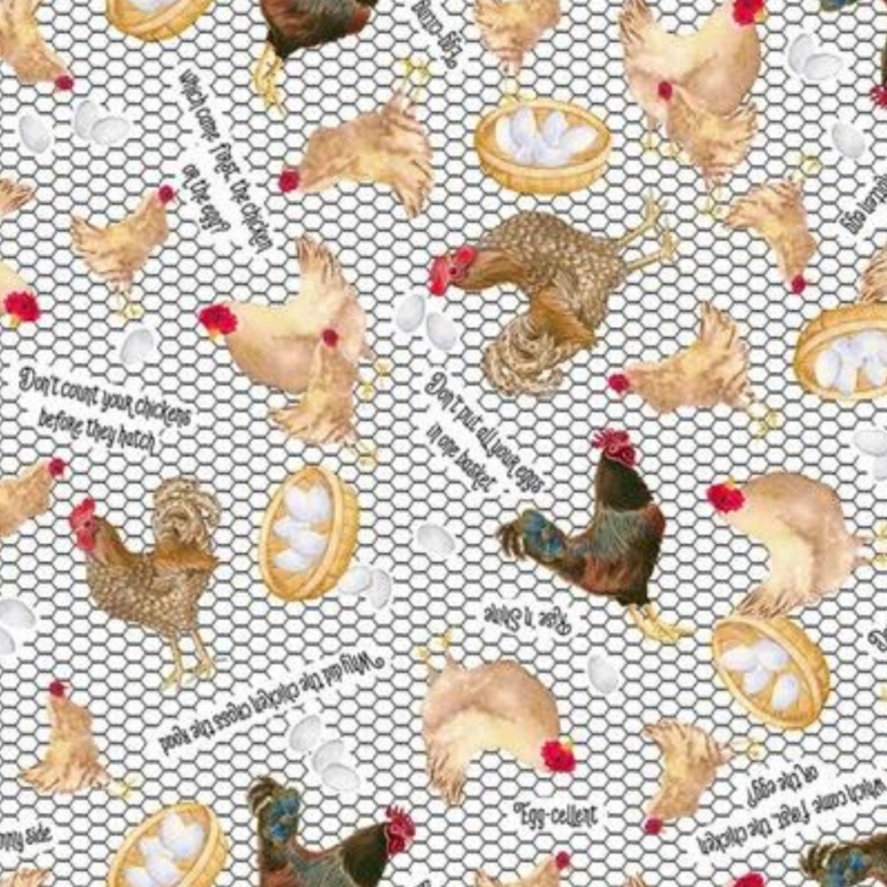 Feline Drive Fabric RISE ‘N SHINE Hen House White – Fat Quarter (18″x22″) FQ