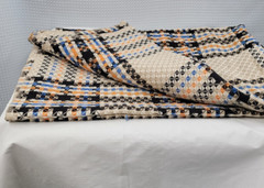 Vtg Jacquard Woven Fabric 47″ X 109″ Plaid Orange Black Blue White Tan Retro