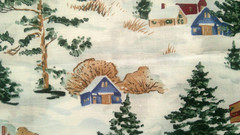 Fabric Red Rooster “First Snowfall” Green Trees and Outbuildings in Snow $5.00