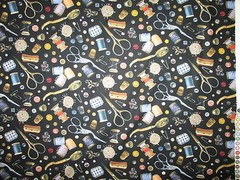 SEWING ITEMS THREAD SCISSORS MEASURING TAPE PIN CUSHION BLACK COTTON FABRIC FQ