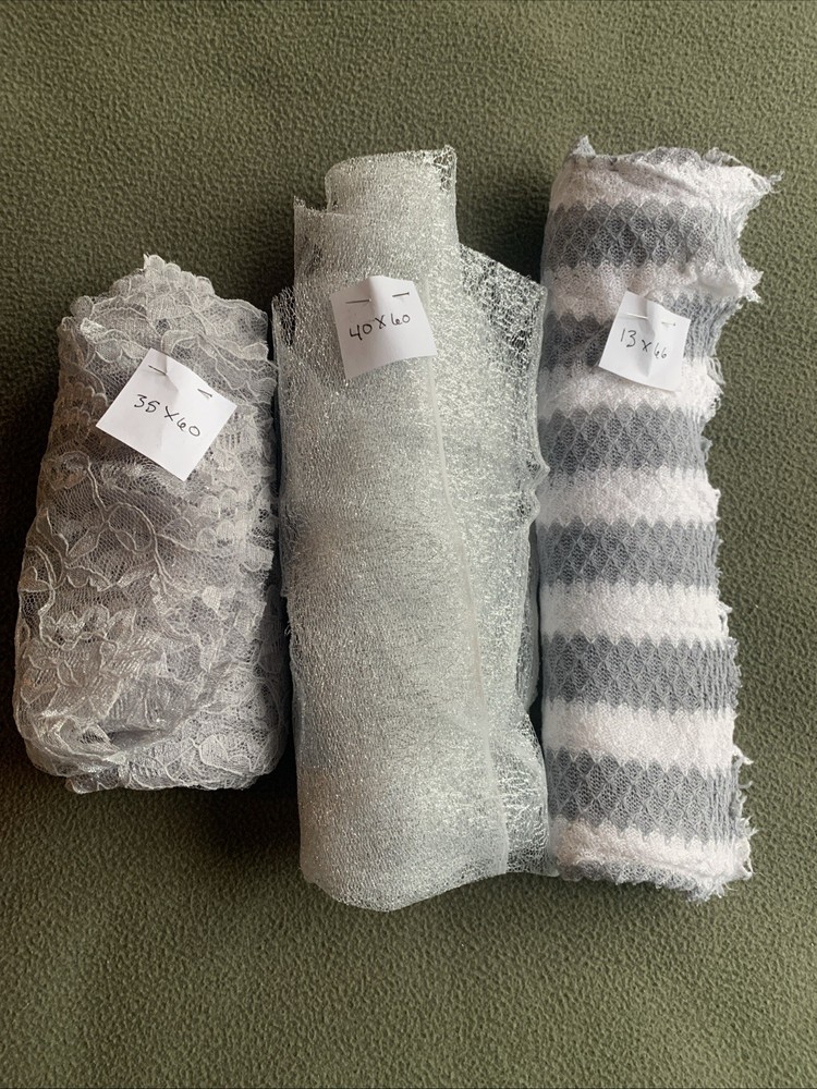 Lot Of 3 Fabric Pieces. Lace (35”x60”). Silver (40”x60”). Gray:White (13”x66”)