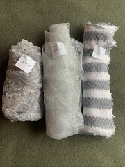 Lot Of 3 Fabric Pieces. Lace (35”x60”). Silver (40”x60”). Gray:White (13”x66”)