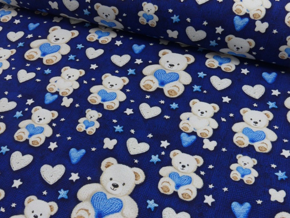 1m x 1.50m French Terry Teddy Bear with Heart Blue