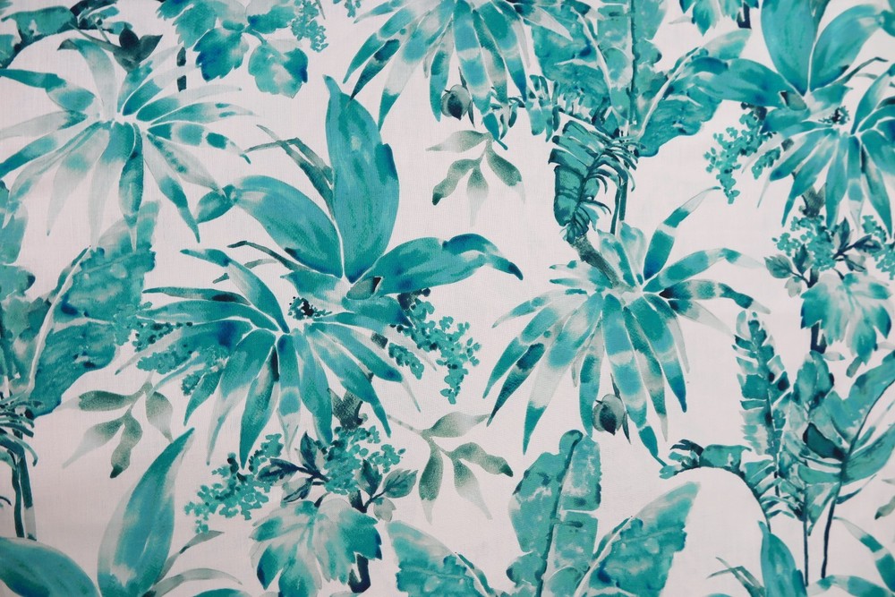 CHIVASSO CURTAIN FABRIC DESIGN “Jungle Like” 3.15 METRES TURQUOISE LINEN BLEND
