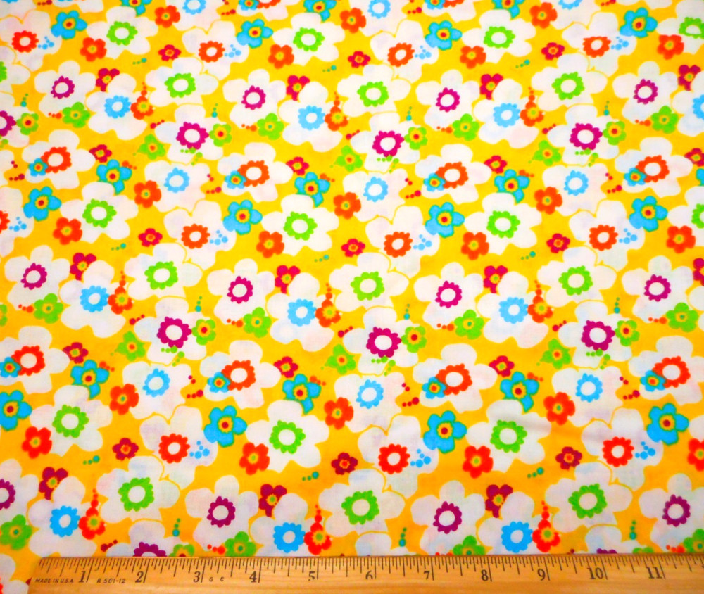 Cotton Fabric By The Yard Aqua Orange Green White Purple Floral on Yellow PC