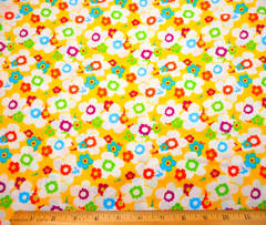 Cotton Fabric By The Yard Aqua Orange Green White Purple Floral on Yellow PC
