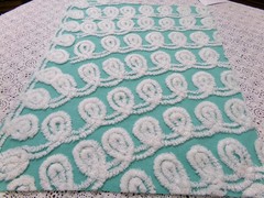 Soothing White Curly Loops Jade Vtg Chenille Bedspread Fabric 15″ x 19″ Piece