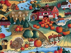 By 1/2 Yd VTG Harvest Village Farm Fall Scene Fabric by Joan Kessler ~ Concord