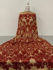Kara RED Hearts and Flowers Sequins on NUDE Mesh Lace Fabric by the Yard – 10148