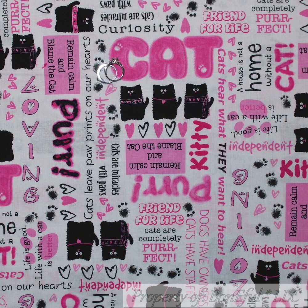 BonEful Fabric FQ Cotton Quilt White Pink Kitty Cat Word B&W Heart Love Dot Girl