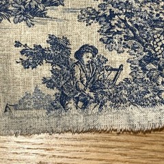 Vtg Extra Wide Blue Linen Toile de Jouy Fabric Remnant 7.8 Yds 62″W x 284″L