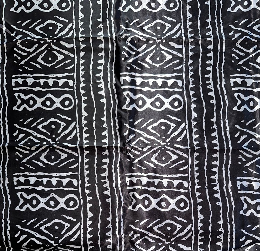 African Print, Satin Fabric – Black, White “Meroitic Chapter”, Yard or Wholesale