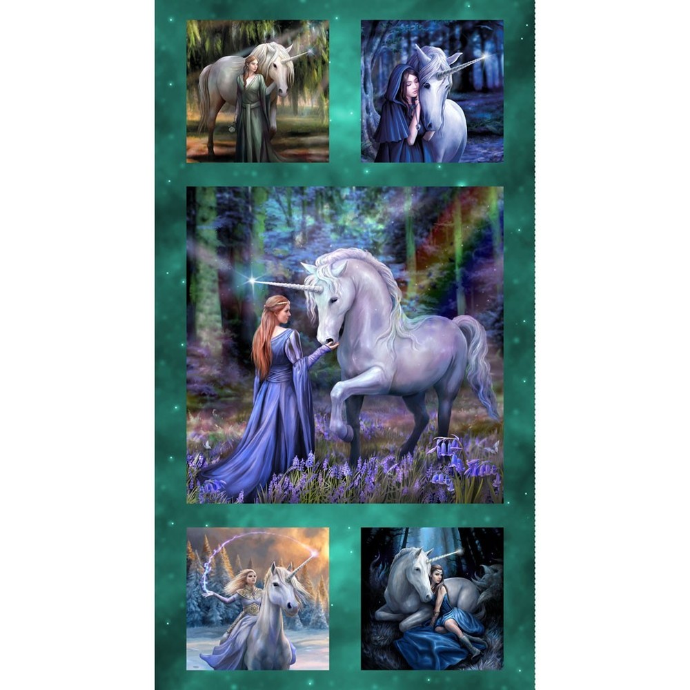 UNICORN MAGIC BY Anne Stokes Clothworks Y4709-104 Magical green Panel
