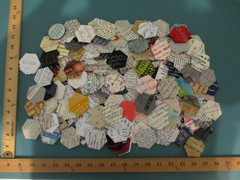 Quilt Block Fabric Basted 1″ Hexagons Lot of 211 All Print Words for EPP Crafts