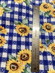 Blue White Check Gingham Sunflowers Cotton Fabric 31″ x 59″ Width