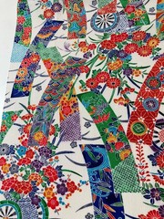 Vintage Japanese kimono silk fabric / white base, floral Tanzaku AB30