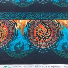 Emerald Reign Dragons Celtic Circles Border Fabric Green Orange Fire Red BTY