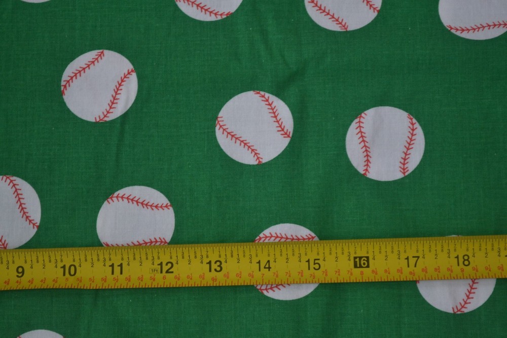 16″ Long, Baseballs on Green Stiffer Quilt Cotton, Sports-Theme, Princess, M7919