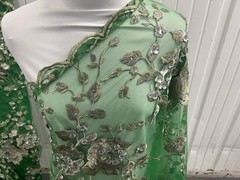 Green Gold Silver Rhinestone Embroidery Lace Fabric 50” Width Sold By The Yard