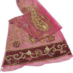 Sanskriti Saskriti Vintage Design Net Mesh Fabric Hand Beaded Pink Patch Work De