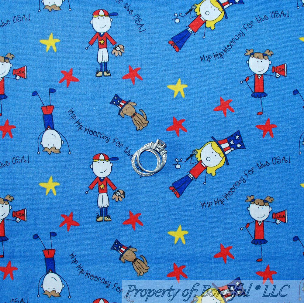 BonEful Fabric FQ Blue Cheer Base*Ball July 4 American Flag Star SPORT Birthday