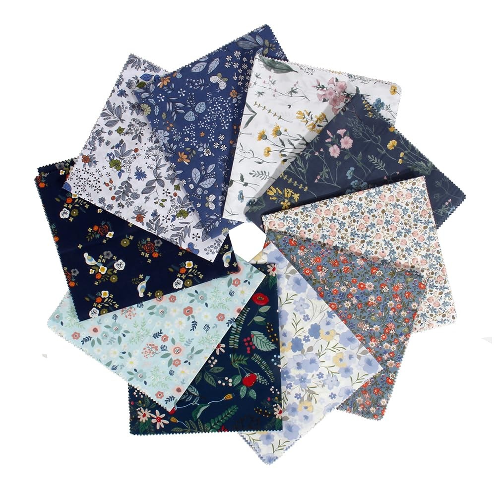 10 PCS Blue Floral 18×20 inch Cotton Fabric Fat Quarters for Crafts Sewing
