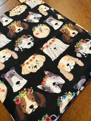 Super Snuggle Flannel Fabric Dogs w Flower Halo Wreaths on Black BTHY 42″W PUPS
