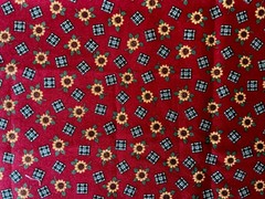 1 Yd x 43” Vtg Sunflowers & Checks on Dark Red Fabric by Cranston – Fall
