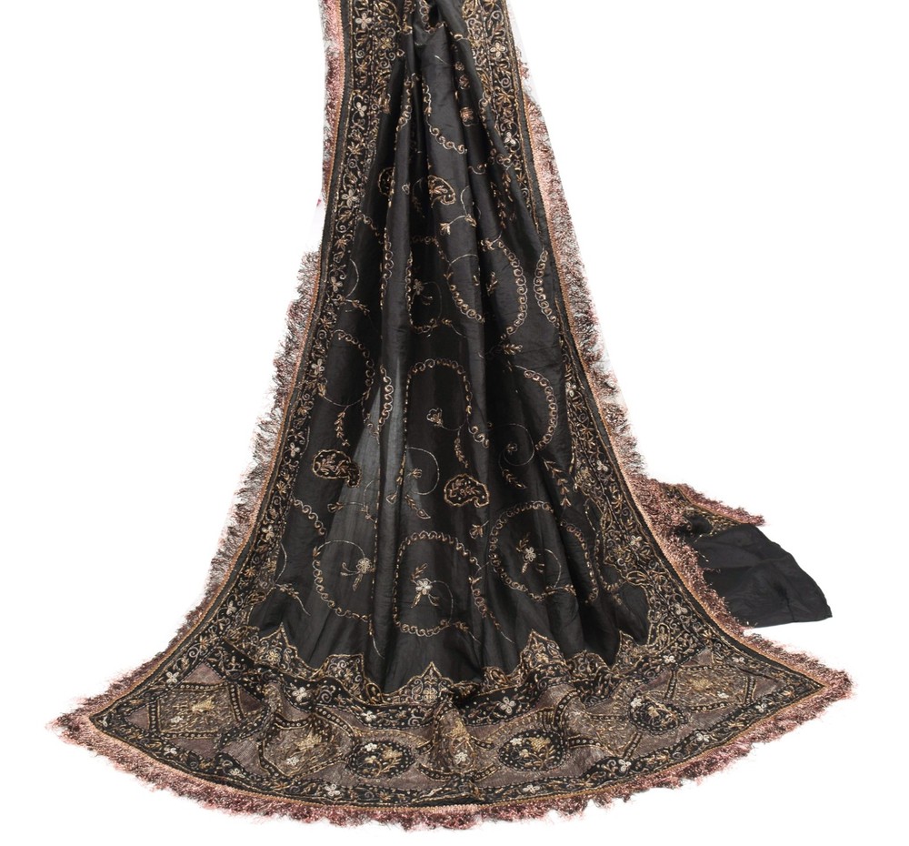 Sushila Vintage Black HEAVY Scrap Dupatta Pure Silk Handmade Zari Work LongStole